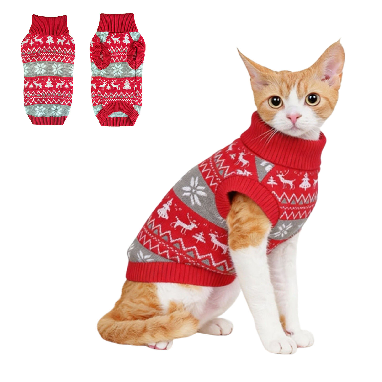 Red & White Knitted Cat Sweater - Warm High-Neck Sleeveless Pet Jumper