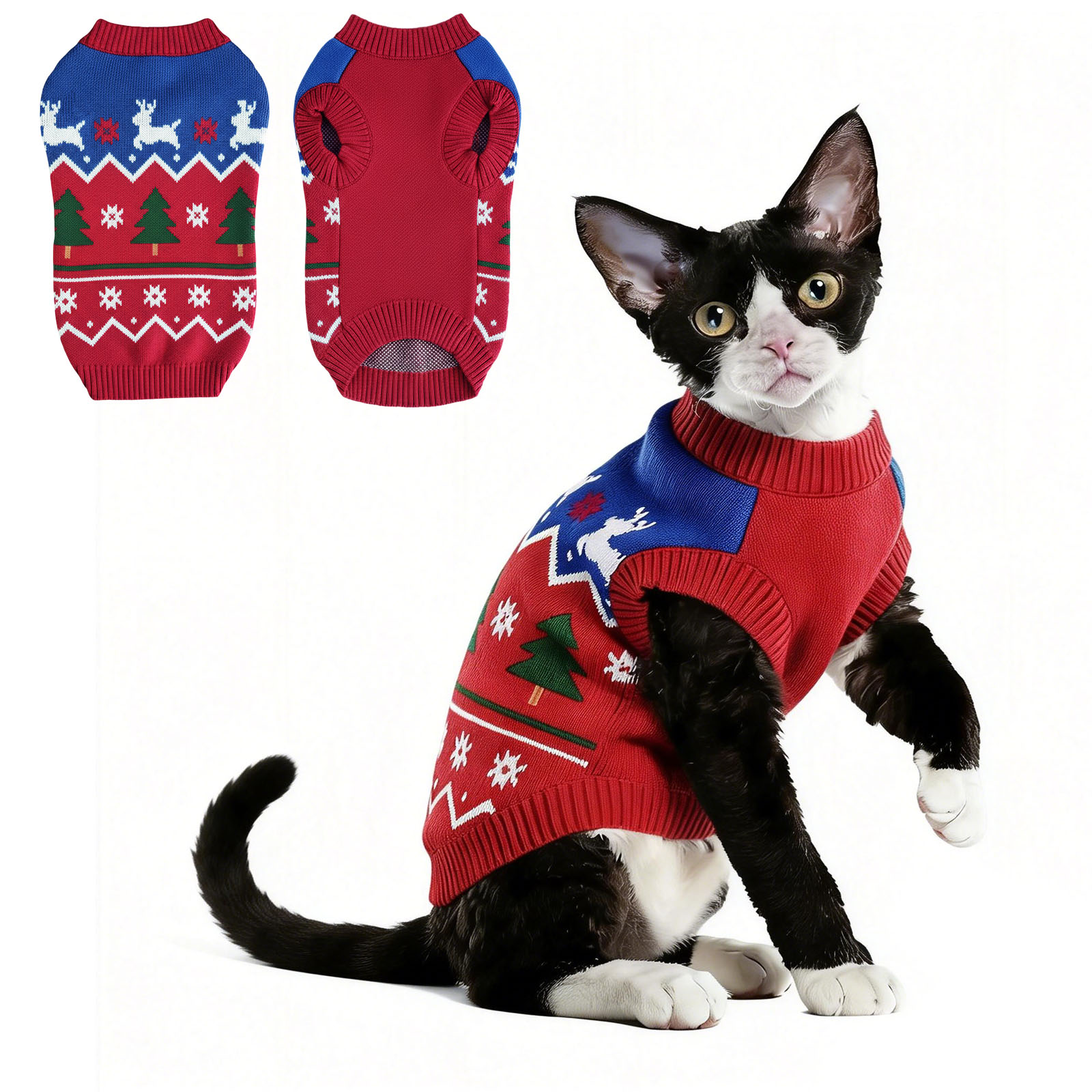 Red & Blue Knitted Cat Sweater - Cozy Winter Pet Outfit